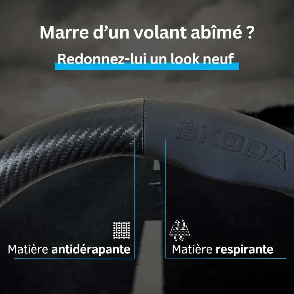 Couvre Volant Skoda – Simili Cuir Effet Fibre de Carbone | Confort, Grip Antidérapant & Rénovation