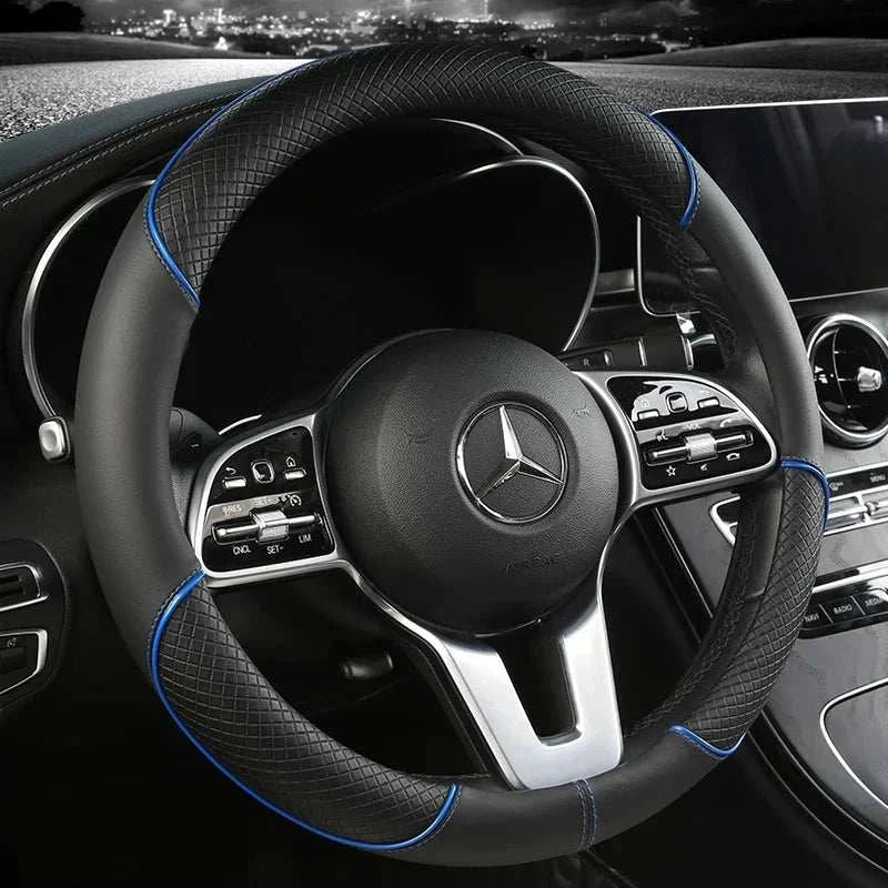 CPO-All Seasons Leather Diamond Steering Wheel Cover Universal Fit for 14 .5-15 Inch Durable Leather Cover Anti-Slip Veins Design