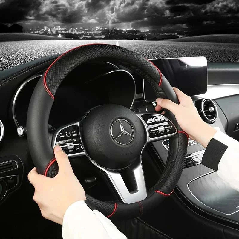 CPO-All Seasons Leather Diamond Steering Wheel Cover Universal Fit for 14 .5-15 Inch Durable Leather Cover Anti-Slip Veins Design