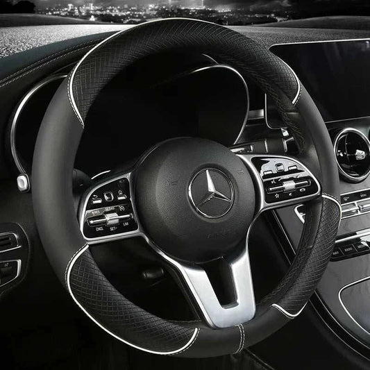 CPO-All Seasons Leather Diamond Steering Wheel Cover Universal Fit for 14 .5-15 Inch Durable Leather Cover Anti-Slip Veins Design