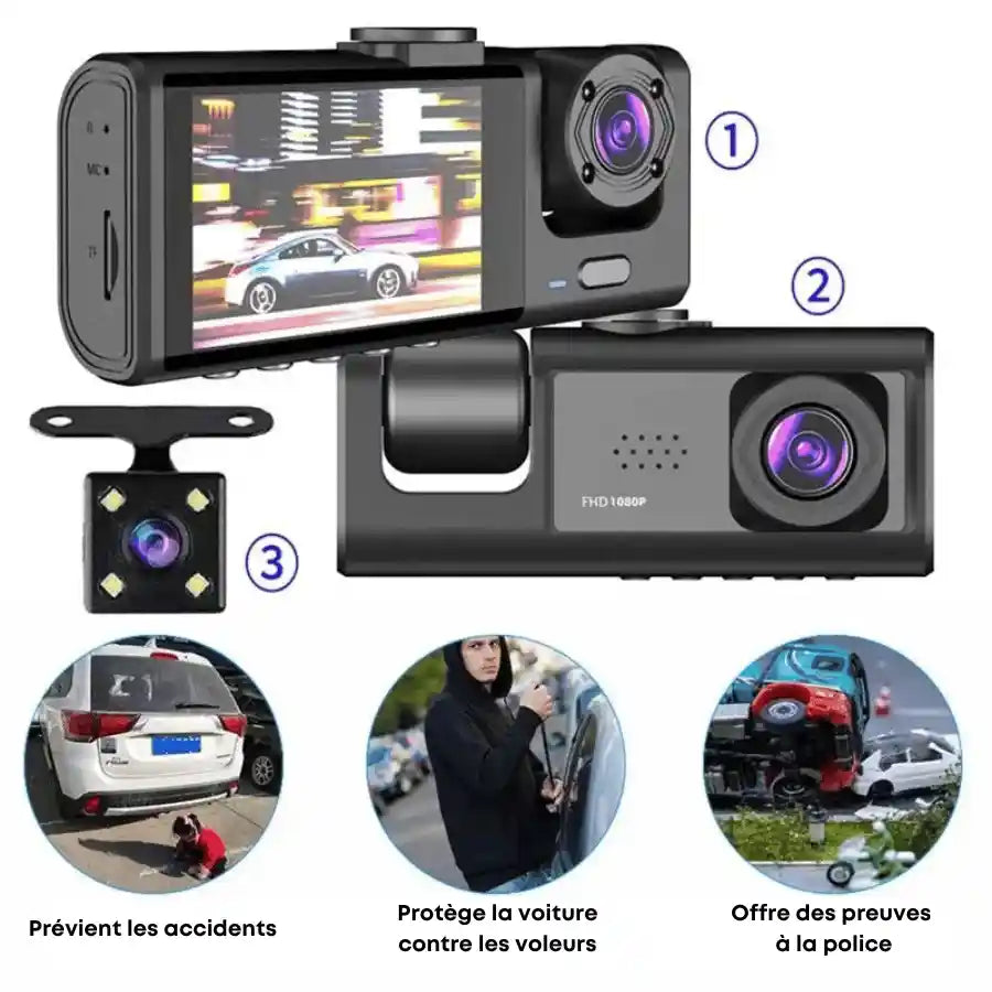 3 dashcams avant arrière intérieur protection accident vole sécurité assurance preuve