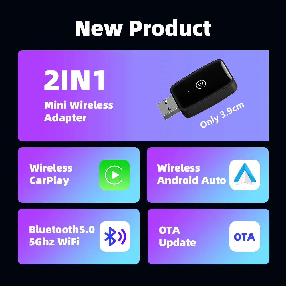 CPO-Wireless Carplay Adapter Android Auto 2In 1 Smart Dongle 2024 5G WIFI for Iphone Android Phone for Volvo Benz Mg Kia Chery VW