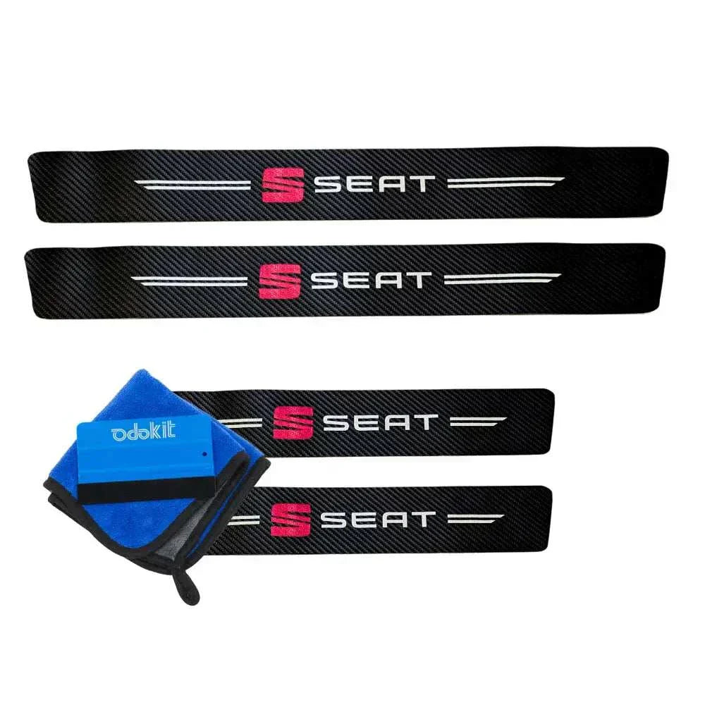 Protection seuil de porte noir fibre de carbone logo seat voiture ibiza leon ateca arona microfibre raclette 