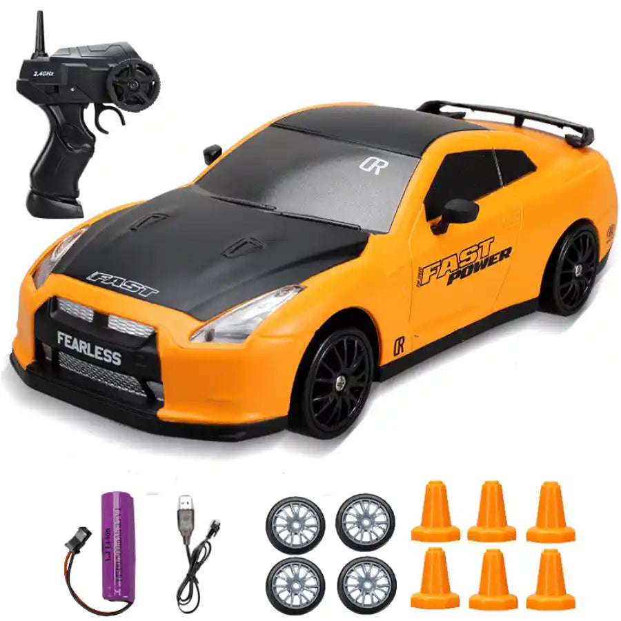 Voiture miniature télécommandée Nissan GTR jaune 1 batterie