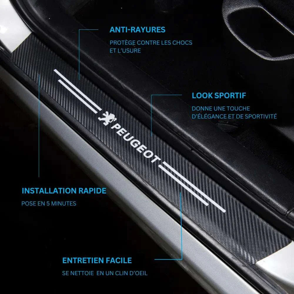 Protection seuil de porte micro fibre carbone peugeot anti rayure installation rapide entretien facile design sportif