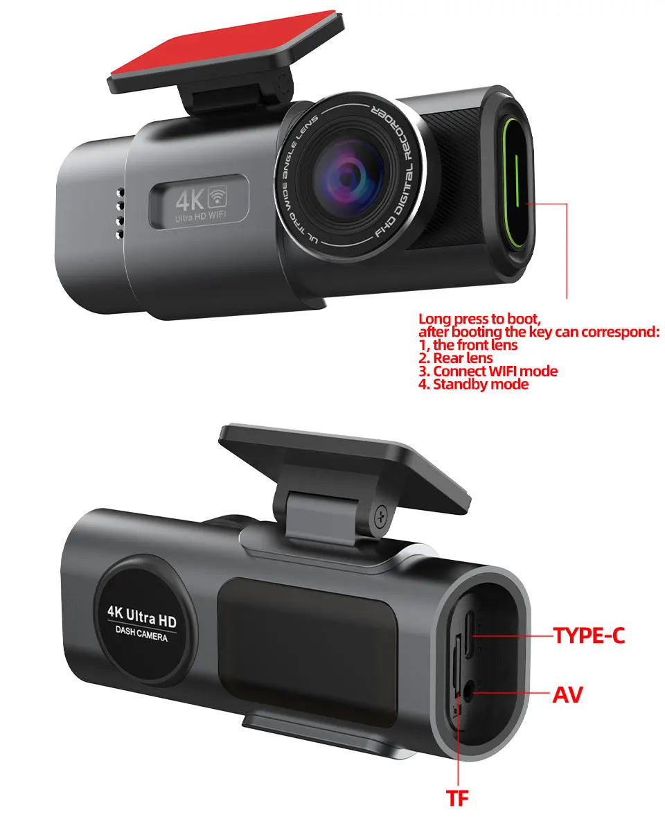 Dashcam Dual Lens 4K UHD Recording Car Camera DVR Night Vision Video Recorder Built-In Wi-Fi Support GPS 24H Parking