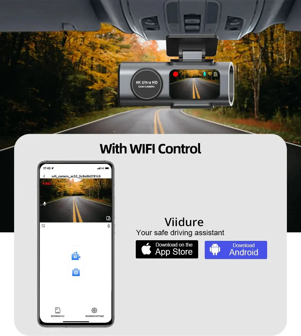 Dashcam Dual Lens 4K UHD Recording Car Camera DVR Night Vision Video Recorder Built-In Wi-Fi Support GPS 24H Parking