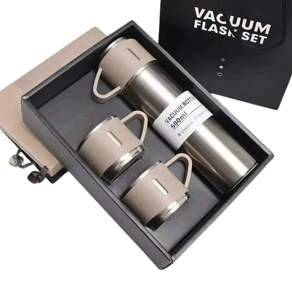 Coffret thermos de voyage de 500ml avec 3 tasses argent