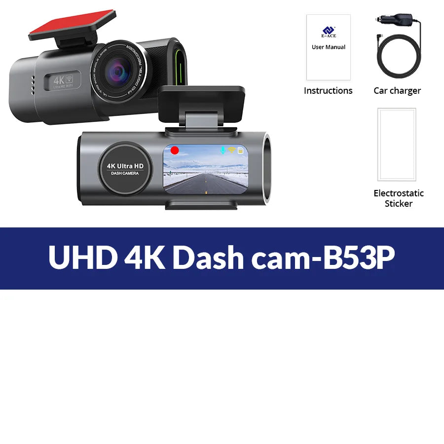 Dashcam Dual Lens 4K UHD Recording Car Camera DVR Night Vision Video Recorder Built-In Wi-Fi Support GPS 24H Parking